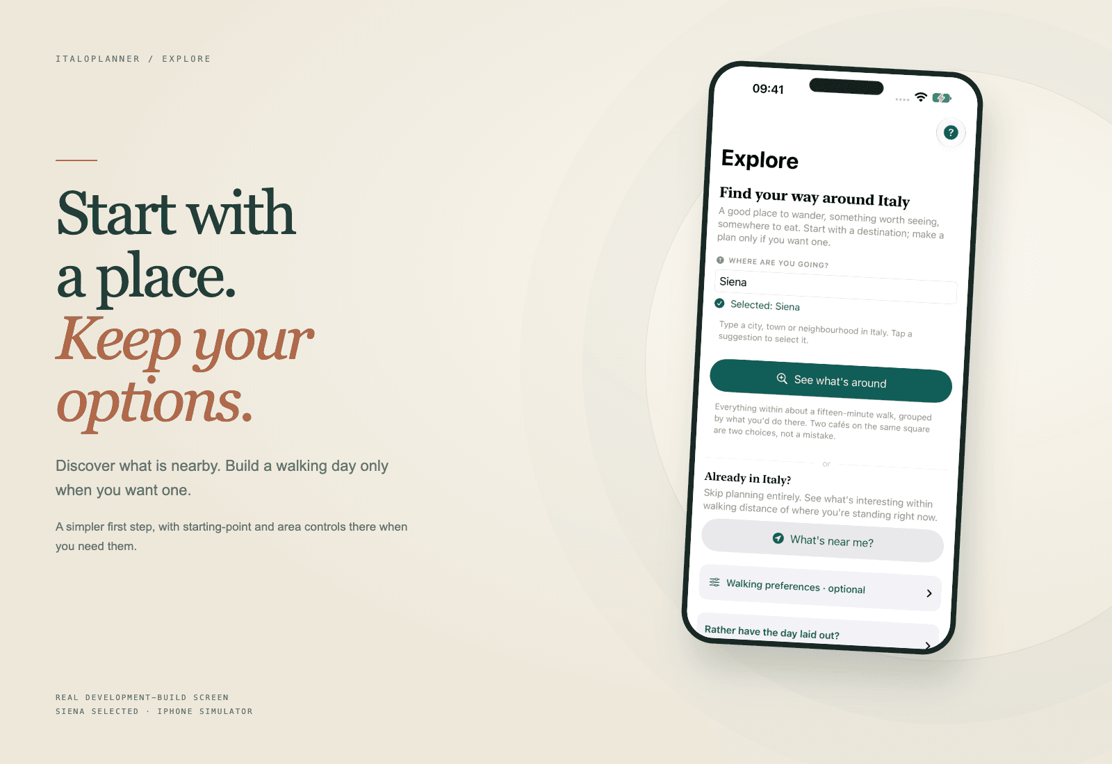 Explore — choose a place first, with walking preferences available when needed.