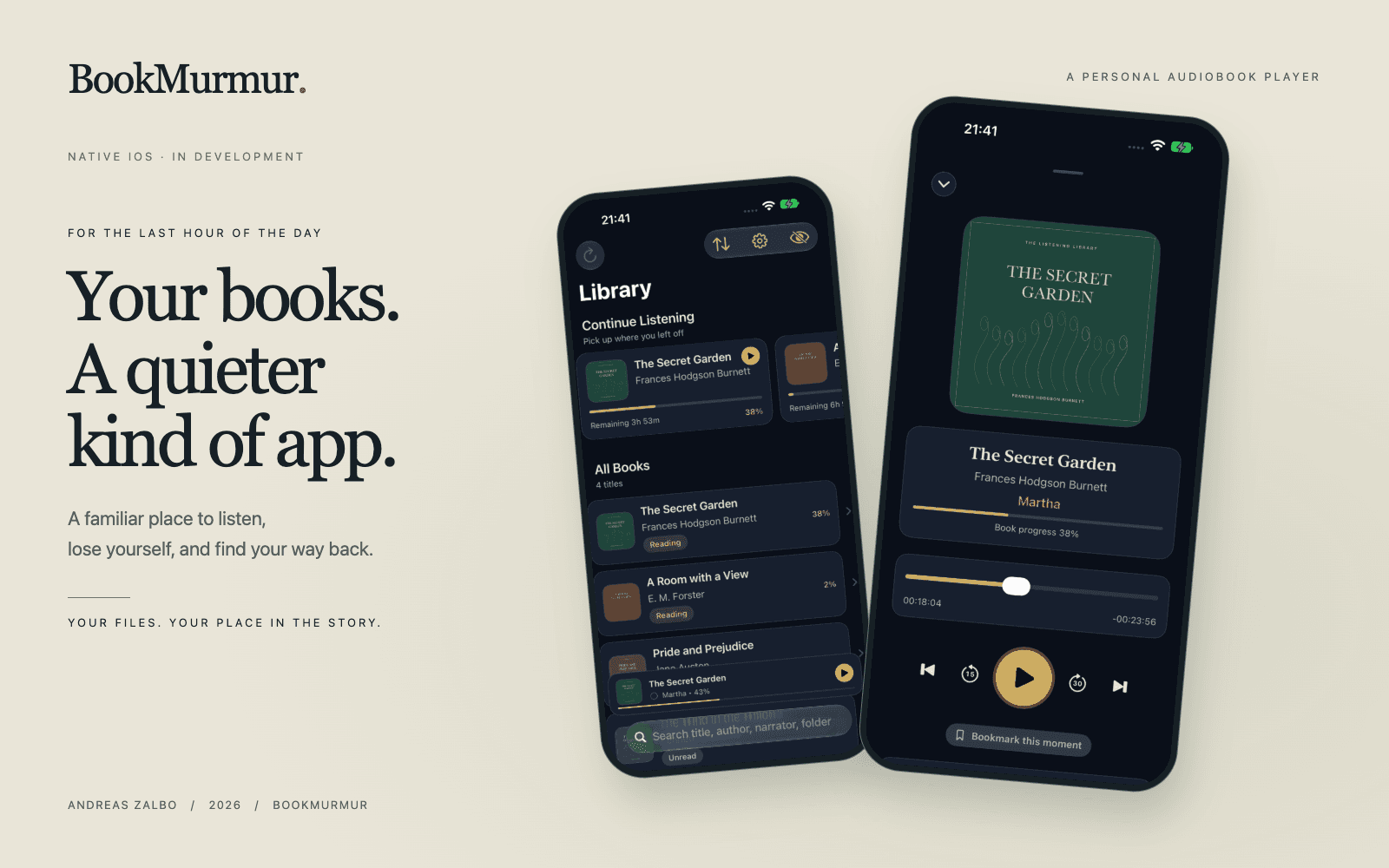 BookMurmur: real iPhone simulator screens showing a personal audiobook library and player, with sample books and original demonstration covers.