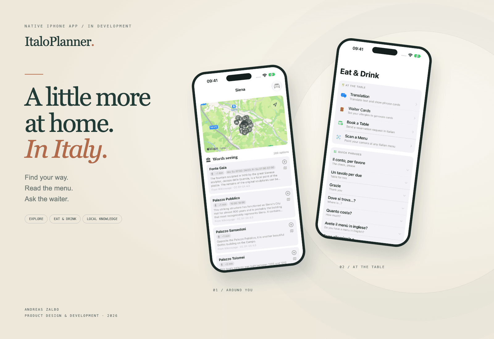 ItaloPlanner on iPhone: the Siena discovery map and Eat & Drink tools.